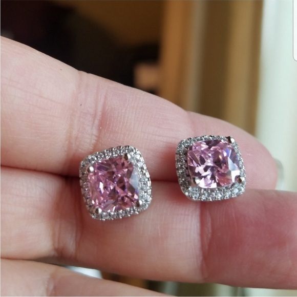 Swarovski Elements 925 Sterling Silver Pink Cushion Halo Solitaire Earrings NWT - Picture 4 of 9
